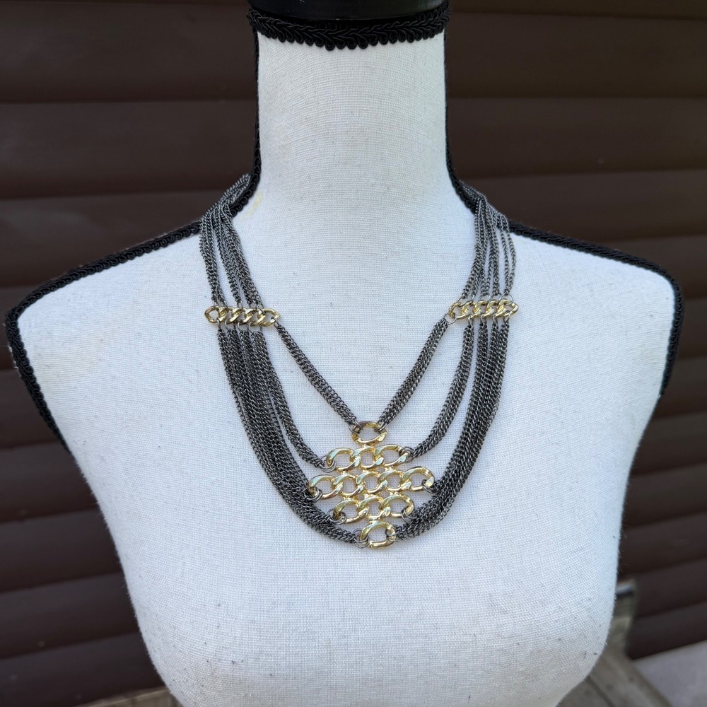 Mixed Metal Multi Strand Statement Necklace Women Gold Gunmetal Layered Chain